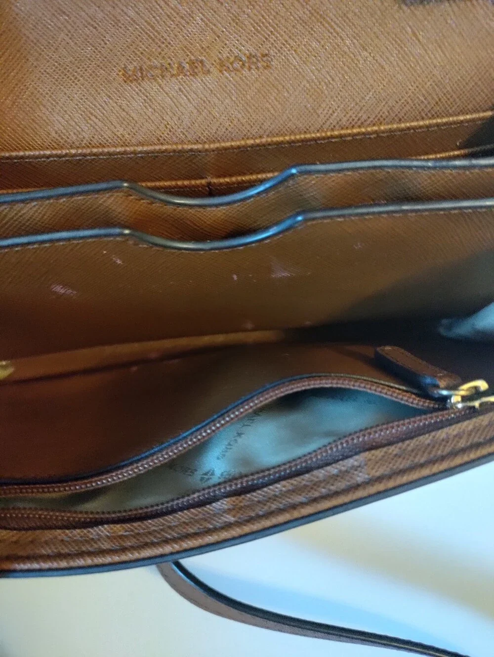 Michael Kors Cognac Saffiano Leather Crossbody Wallet with Gold Chain